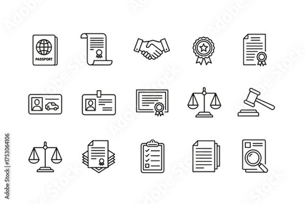 Fototapeta Law and justice line icon set. Legal document, passport, ID card, certificate, and court symbols. Vector collection for notary, agreement, contract, and identity verification.