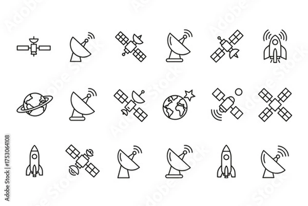 Fototapeta Vector line icon set of space technology. Satellite, sputnik, rocket, dish antenna, and planet symbols. For communication, broadcast, exploration, cosmos, and astronomy concepts.
