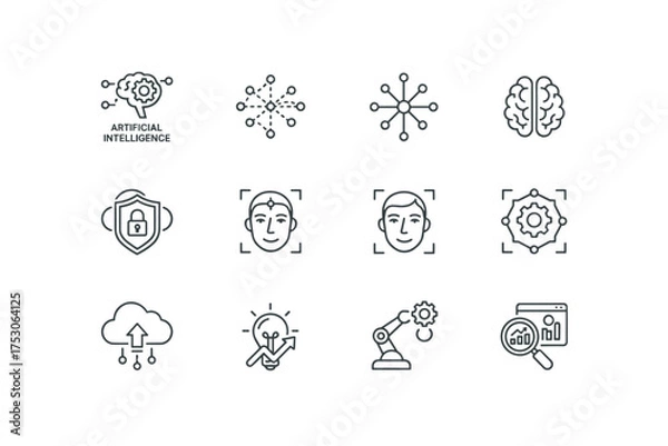 Fototapeta Artificial intelligence line icon set. Vector symbols for AI, machine learning, neural networks, data analysis, robotics, automation, facial recognition, and cloud computing.