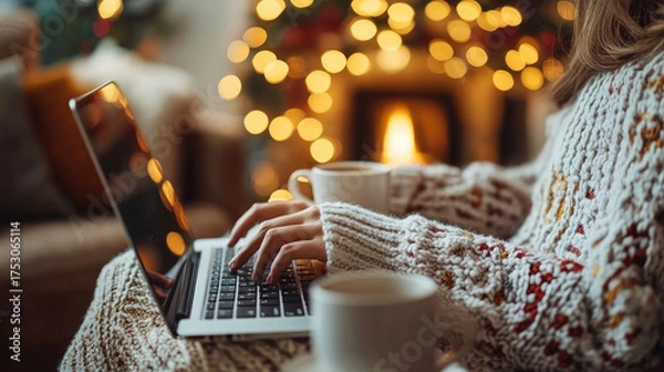 Obraz Person typing digital Christmas greeting on laptop at cozy home, cup of coffee nearby, eco-friendly communication, sustainable holiday message, copy space