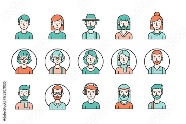 Fototapeta People avatar icon set. Diverse character portraits for user profiles. Men and women faces. Modern flat outline style. Vector illustration for social media or business team.