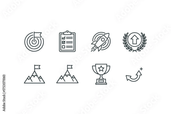 Fototapeta Goal and success line icon set. Business achievement, startup launch, career growth, and mission accomplished concepts. Target, checklist, rocket, trophy vector icons.