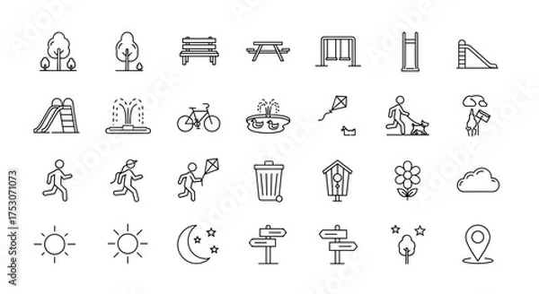 Fototapeta City park and outdoor activity line icon set. Collection of thin line vector symbols for recreation, leisure, and nature. Includes playground, bike, walking, kite, and bench.