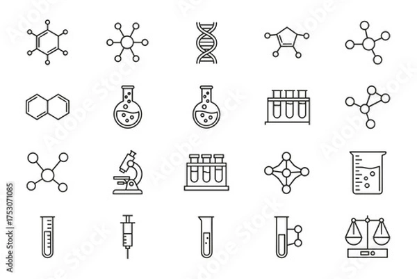 Fototapeta Science and chemistry research thin line icon set. Vector symbols for laboratory and education. Includes molecule, DNA, microscope, test tube, beaker, and flask illustrations.