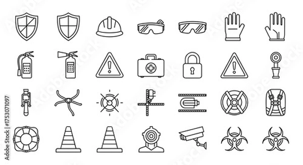 Fototapeta Safety line icons set. Workplace security and protection equipment. Vector collection of symbols like hard hat, warning sign, fire extinguisher, first aid kit and biohazard.