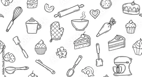 Fototapeta Seamless pattern baking elements. Hand drawn kitchen background. Doodle dessert food icons: cake, cupcake, pastry, mixer, whisk, rolling pin. Black and white vector art.