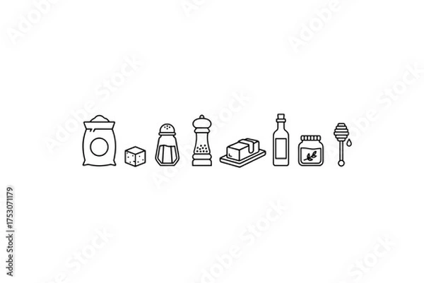 Fototapeta Food ingredients and baking staples icon set. Line art collection of flour, sugar cube, salt, pepper, butter, oil, honey, and jam. Minimalist vector pictogram for cooking.