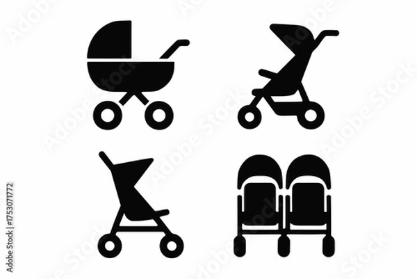 Fototapeta Collection of simple stroller icons in black silhouette style