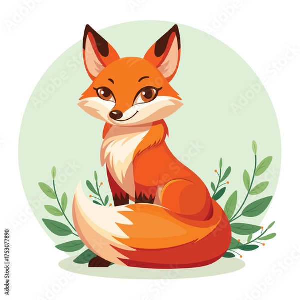 Fototapeta Cute and elegant forest fox with bright orange fur and beautiful eyes, sits calmly with green plants on white background. Vector illustration for wildlife, forest animals, or eco-friendly designs.