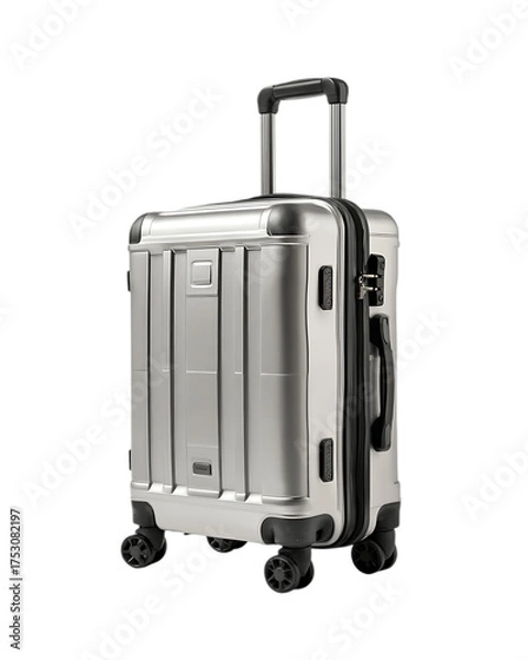 Obraz Silver hard-shell suitcase with telescopic handle and four wheels on white background 