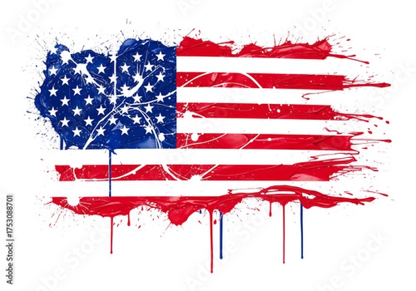 Obraz Dynamic watercolor painting of the American flag, featuring artistic brush strokes and vibrant paint splatters, rendered with a rich texture and expressive drips on a clean white background