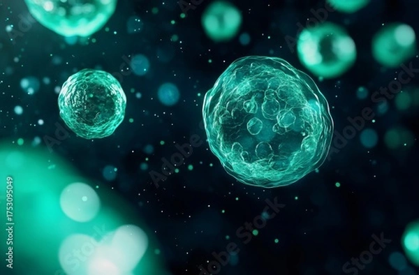 Fototapeta Teal cells float in dark field, bokeh effect