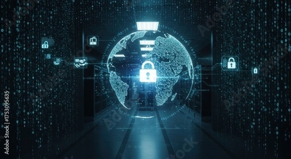Obraz Digital Globe With Security Lock And Binary Data Flowing In Dark Tunnel Environment