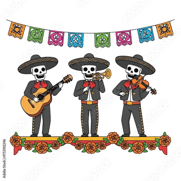 Obraz Three skeleton mariachi musicians playing guitar, trumpet, and violin under colorful papel picado banners with flowers.