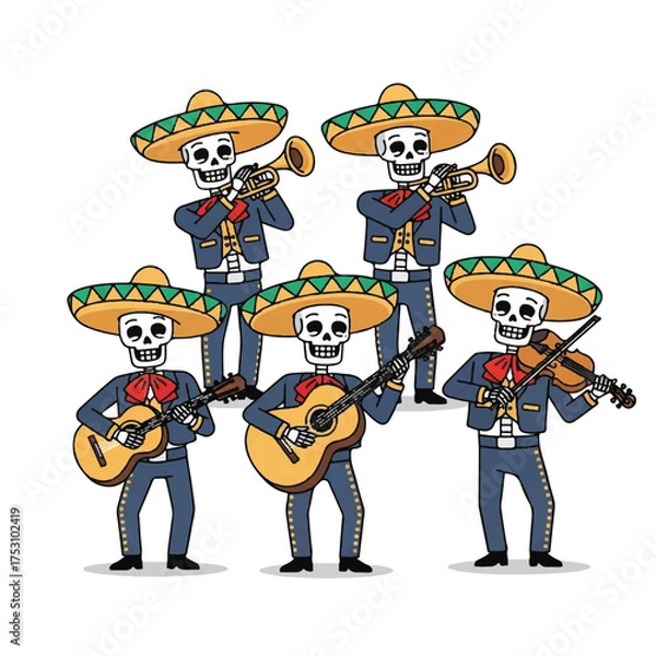 Obraz Illustration of a mariachi band consisting of skeletons wearing sombreros and playing musical instruments on a white background with a festive and lively mood.