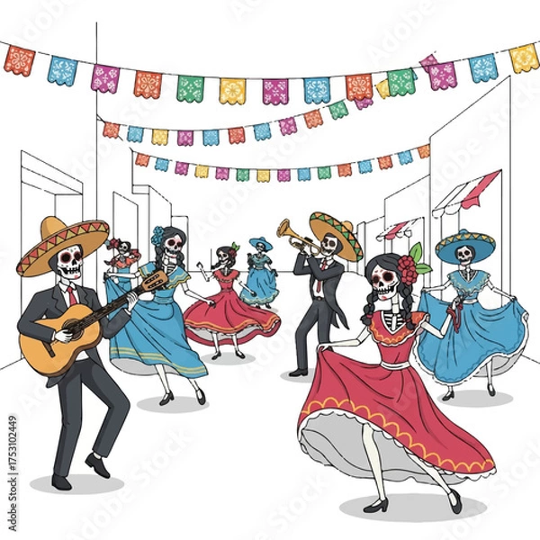 Obraz Colorful cartoon illustration of skeletons in traditional Mexican attire dancing and playing music with vibrant papel picado banners in the background.