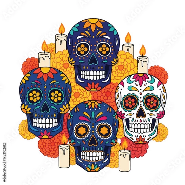 Obraz Colorful illustration of four sugar skulls with floral designs and candles on a white background, symbolizing Day of the Dead.