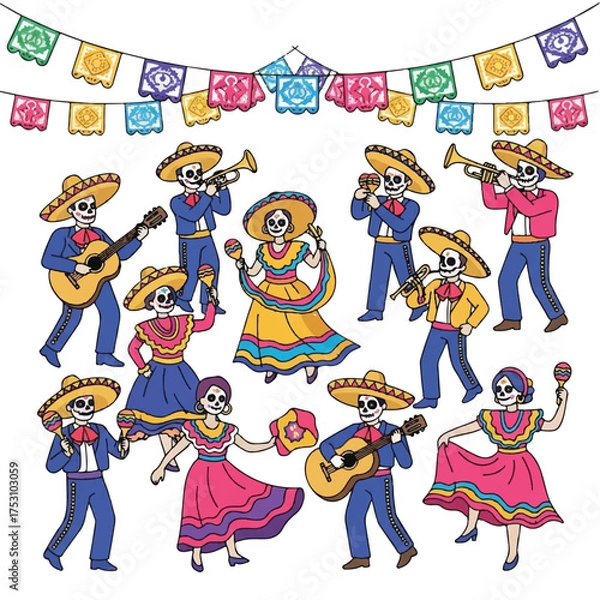 Obraz Colorful illustration of skeletons dressed in traditional Mexican attire playing musical instruments and dancing under papel picado banners on a white background with vibrant festive mood.