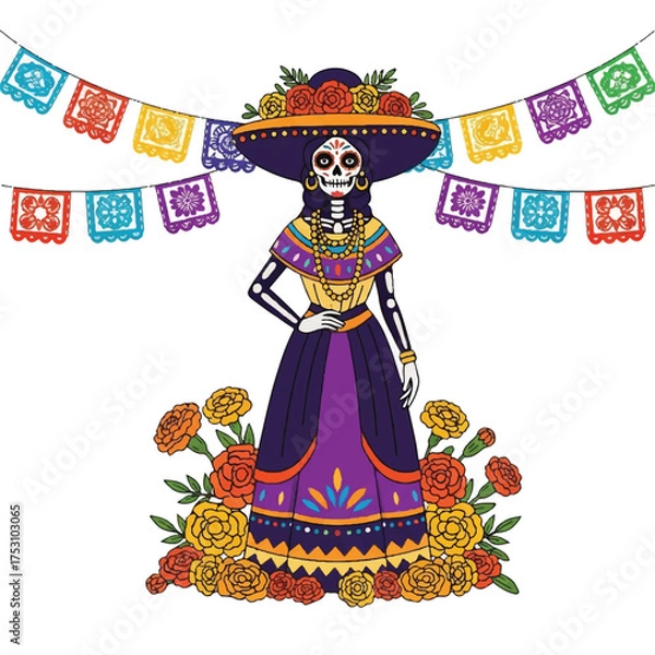 Obraz Colorful illustration of a sugar skull woman in a traditional Mexican dress and sombrero standing amidst flowers and papel picado banners on a white background.