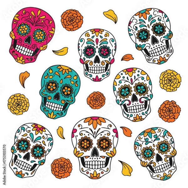 Obraz Colorful sugar skulls with floral designs and leaves on a white background, flat lay composition with vibrant hues.