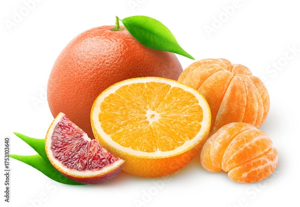 Obraz Group of citrus fruits. Orange, grapefruit, tangerine, blood orange isolated on white background