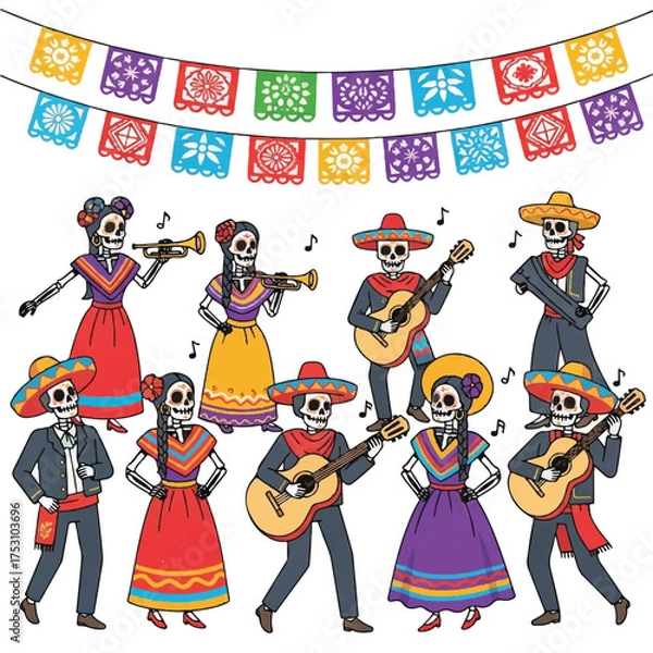 Obraz Colorful illustration of skeletons in traditional Mexican attire playing musical instruments under a festive banner on a white background with vibrant tones.