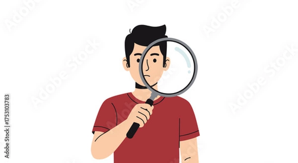 Obraz Man with magnifying glass. Search, find, and analyze concept. Detective, investigator, or researcher looking for information. Business analysis, SEO, data audit, and inspection.