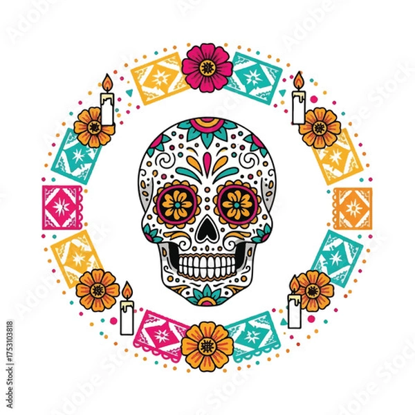 Obraz Vibrant Day of the Dead sugar skull surrounded by colorful flowers, candles, and papel picado on white background with festive Latin American design elements.