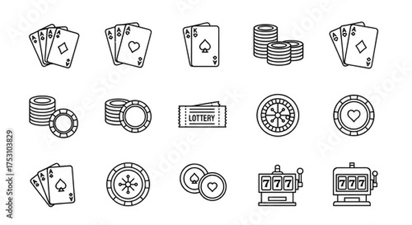 Obraz Gambling and casino vector icon set. Outline symbols of poker cards, gaming chips, roulette wheel, slot machine, lottery ticket. Concepts of betting, risk, luck, and jackpot.