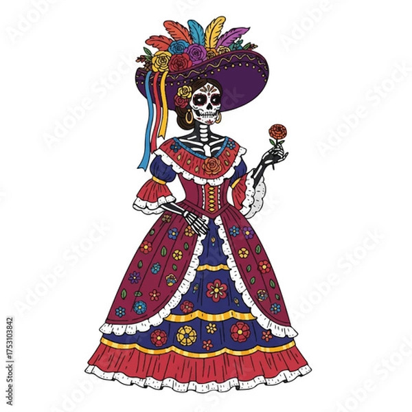 Obraz Illustration of a sugar skull woman wearing a vibrant dress and hat, holding a flower against a white background with colorful floral patterns and traditional Mexican attire.