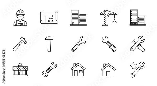 Obraz Construction industry vector line icon set. Builder, blueprint, buildings, crane, hammer, wrench, and house symbols. For architecture, engineering, and home repair projects.