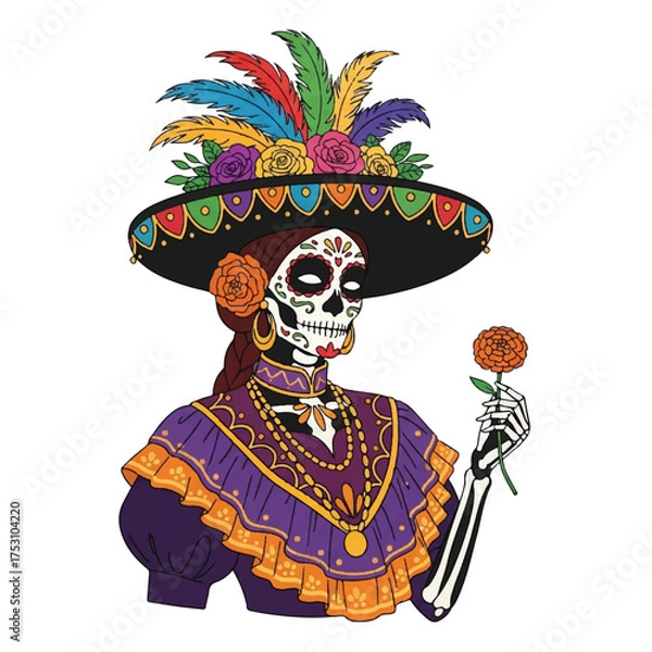 Obraz Illustration of a sugar skull woman wearing a colorful hat and holding a flower on a white background with vibrant and festive mood.