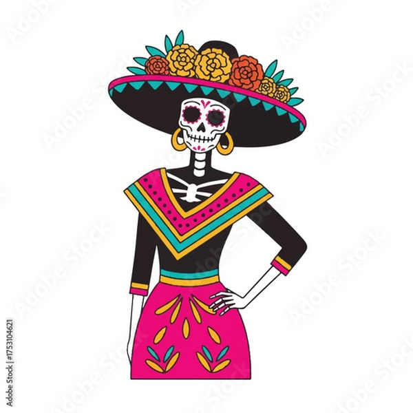 Obraz Illustration of a colorful skeleton woman wearing a traditional Mexican outfit and sombrero with flowers on a white background.