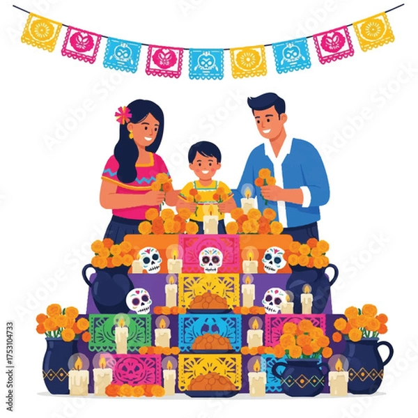 Obraz Illustration of a Latin American family celebrating Day of the Dead with an altar decorated with flowers, skulls and candles on a white background with a colorful banner.