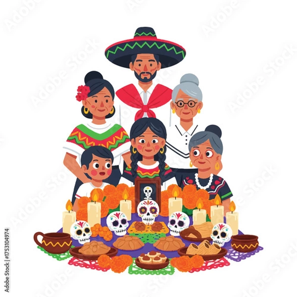 Obraz Illustration of a happy Hispanic family celebrating a festive meal with traditional food and decorations on a colorful tablecloth against a clean white background.