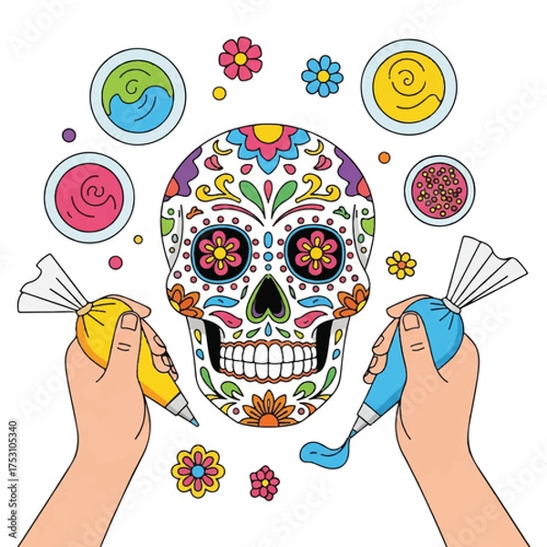 Obraz Illustration of two hands decorating a colorful sugar skull with icing bags and swirls on a white background for Dia de los Muertos.