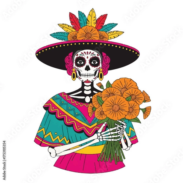 Obraz Colorful illustration of a sugar skull woman wearing a sombrero and holding marigolds on a white background with vibrant, festive details.