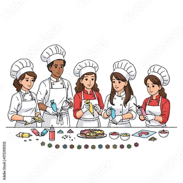 Obraz Illustration of five diverse children wearing chef hats and aprons decorating colorful cupcakes with icing and sprinkles on a table.
