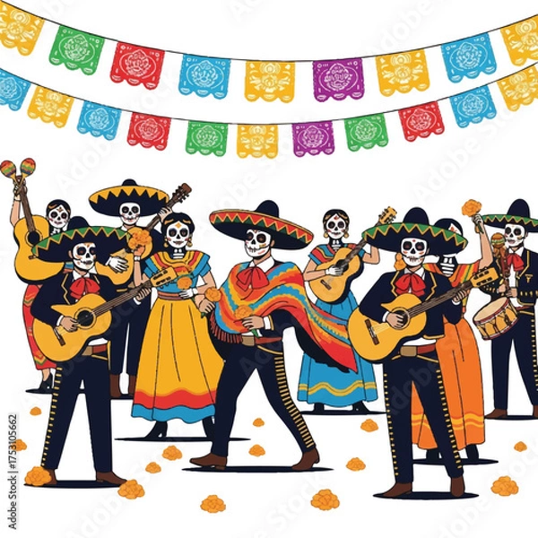 Obraz A lively group of skeletons dressed in colorful traditional Mexican attire playing guitars and dancing under a festive banner with a vibrant and playful mood.