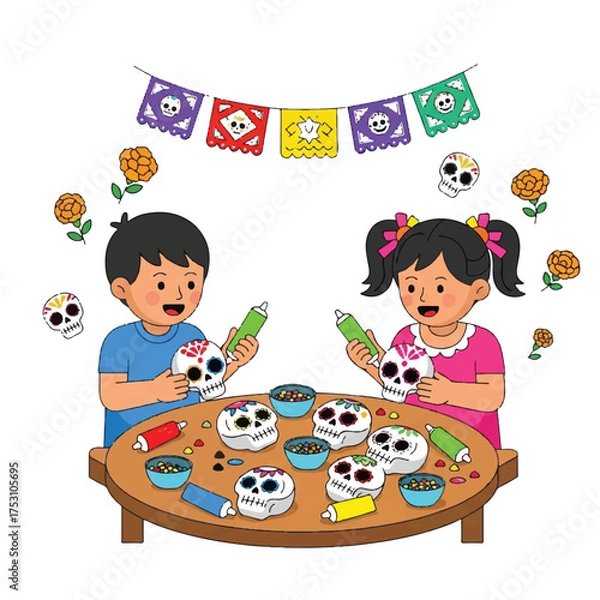 Obraz Two children decorating sugar skulls for Day of the Dead celebration with colorful decorations and paper banners.