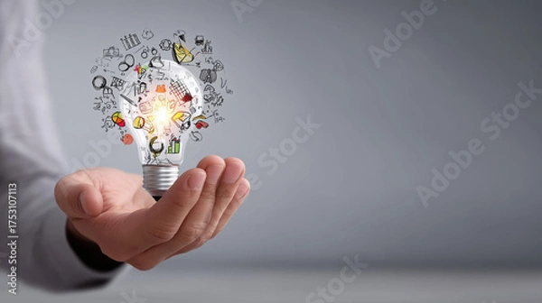 Fototapeta A person is holding a light bulb in their hand with copyspace