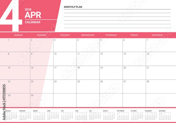 Obraz April 2018 calendar planner vector illustration