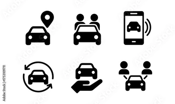 Fototapeta Car sharing icons set featuring carpooling, location, and mobile connectivity in black silhouette style