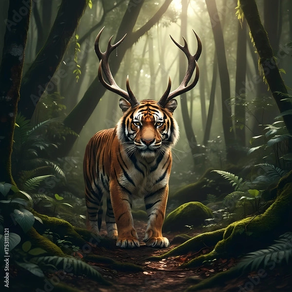 Fototapeta The tiger has horns like a deer in the forest.