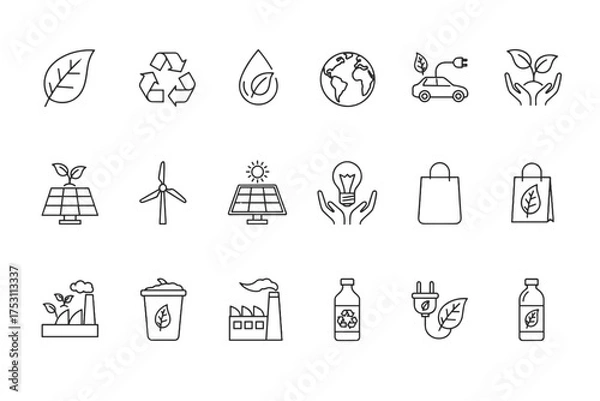 Obraz Set of Thin Line Icons Illustrating Sustainability, Renewable Energy, Green Technology, Eco-Friendly Practices, Recycling, Electric Vehicles, Solar Power, Wind Energy, and Environmental Protection