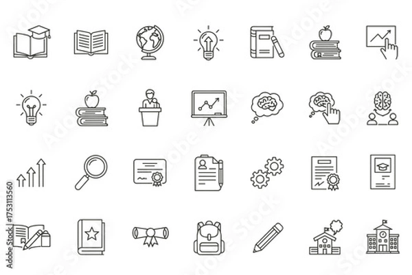 Fototapeta Teacher and Education Icon Collection, Training and Learning Symbols, Study, Knowledge, Graduation, School, Books, Presentation, Brainstorm, Diploma, School Building, Academic Tools Vector Set