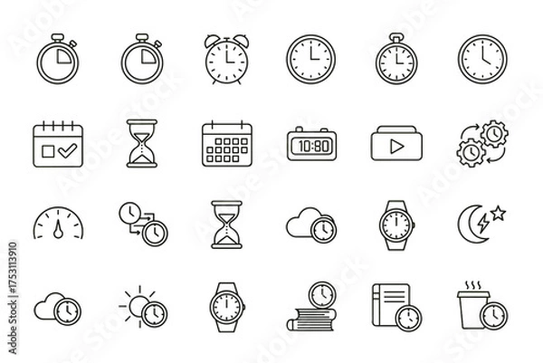 Obraz Time Icon Set with Timer, Alarm Clock, Stopwatch, Calendar, Hourglass, Watch, Speedometer, Cloud Time, and Scheduling Symbols for Business, Productivity, and Time Management Concepts