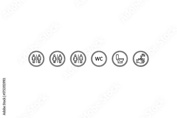 Obraz Set of modern toilet and restroom icons including men, women, unisex, WC, toilet bowl, hand washing, vector illustration for signage and bathroom symbols