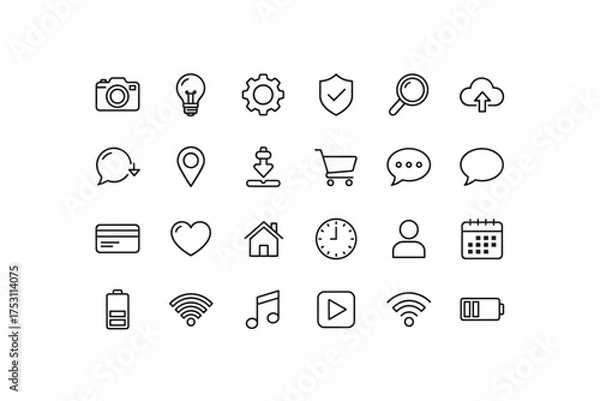 Obraz Thin line vector mini icon set with essential minimalist digital, communication, social media, technology, and interface symbols including camera, light bulb, shopping cart, battery, and WiFi icons