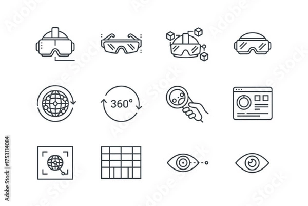 Obraz Virtual reality line icon set with editable VR headset, augmented reality glasses, 360 degree globe, digital eye scan, magnifying glass, data analytics, interface, and visualization tools vector